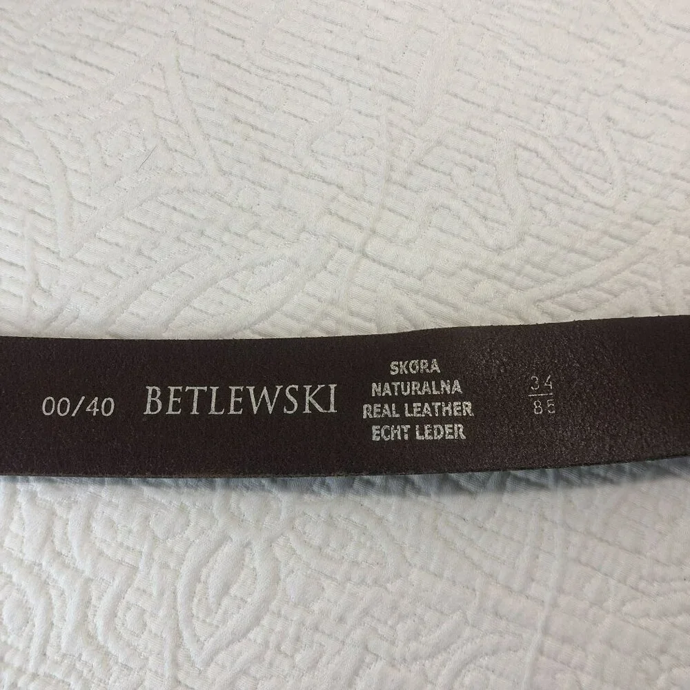 Betlewski Belt Real Leather Brushed Silver Buckle Brown - Size 34/85
